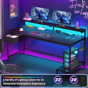 【Stylish & Sturdy】47.2" Gaming Desk with Power Outlet and LED Lights,Computer Desk with Adjustable Monitor Stand and Drawer,Office Desk with CPU Stand for Home Work,Study and Gaming, Small Spaces,Black