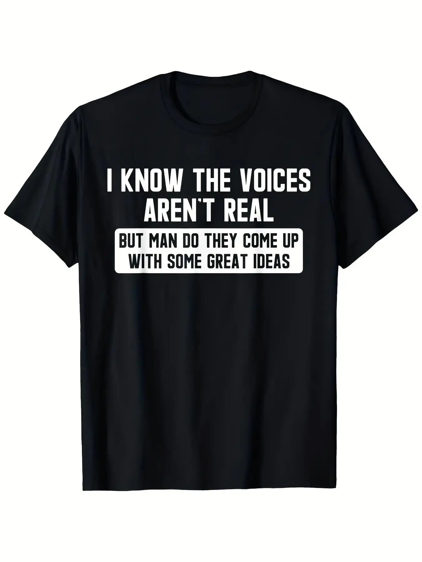Men'S  Schizophrenia Awareness T-Shirt - I Know The Voices Aren'T Real Funny Retro Psychotic Humor Tee, Black White Crew Neck Casual Top with Slogan, Machine Washabsummer Essential, Perfect for Gifting