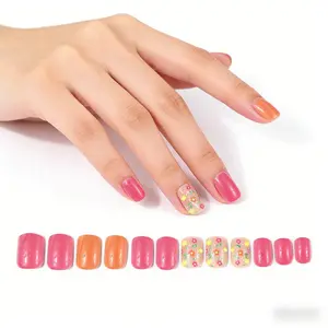 Summer Vibrancy Flower Patch Nails Set, 24 short oval faux nails with glossy surface, featuring bright and colorful floral decorations. They fit comfortably and stay fixed for a long time. Suitable for daily and formal occasions. elegant pink minimalist