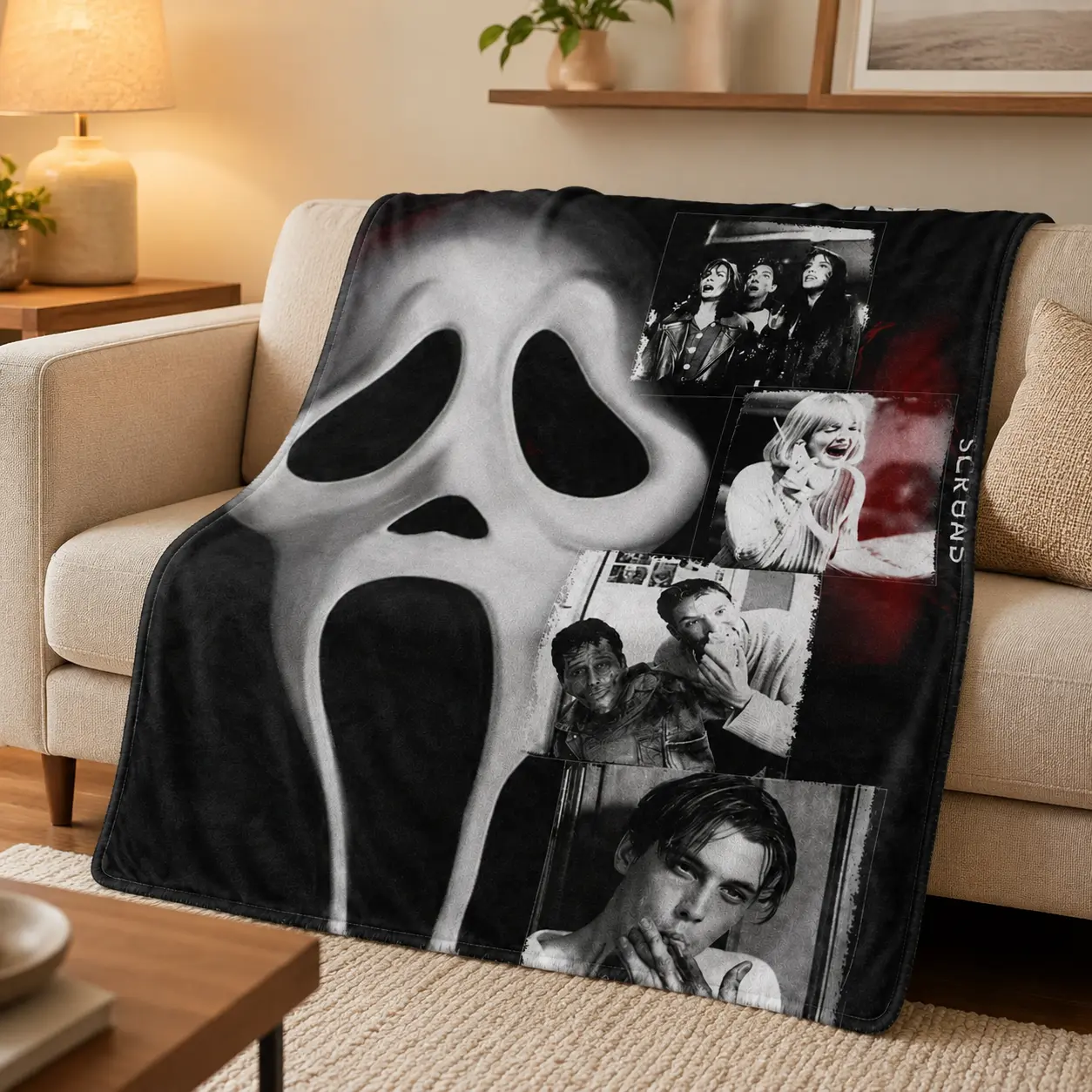 Scream Ghostface Collage Flannel Blanket Horror Movie Inspired Mask Scene Print Soft Cozy Polyester Plush Throw Blanket Scary Retro Film Style Bedding Blanket for Bed Sofa Couch Bedroom Living Room Halloween Decor Birthday Gift
