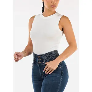 Sleeveless Crewneck Stretch Knit Sweater Top White