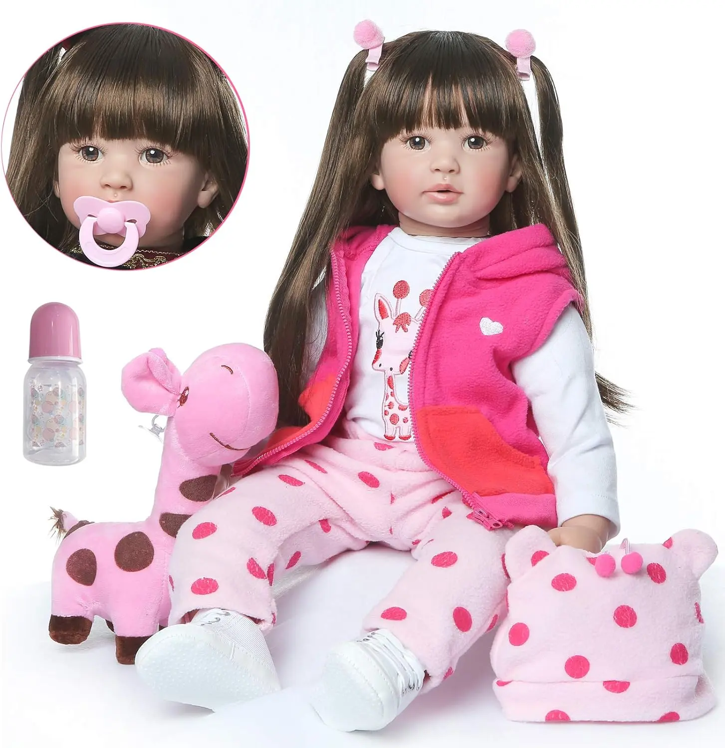 24-Inch Lifelike Newborn Reborn Toddler Doll, Weighted Soft Cuddly Cloth Body, Long Hair, Magnetic Pacifier, Stuffed Animal Gift Toy for 3+ Girls