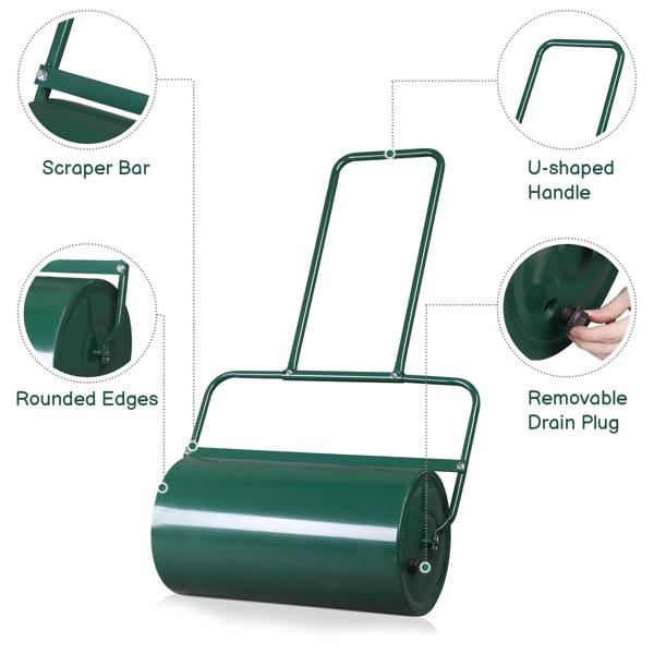 24" Steel Lawn Roller, 13 Gallon Water/Sand Fillable Yard Roller with U-Shaped Handle & Easy Drain Plug, Push & Pull Sod Roller for Grass Flattening Seed Packing, Green