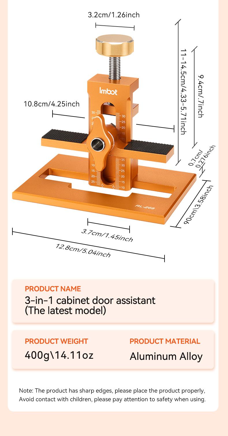 IMBOT 3-in-1 Cabinet Door Assistant & Zhi Luo Drill Tool Set Aluminum Alloy Material with Orange Body and Measurement Scale for Easy Installation of Cabinet Doors