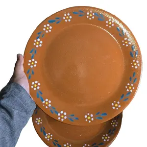 Clay Plate - Floral and Leaf Design in Orange, Ideal for Cooking and Serving