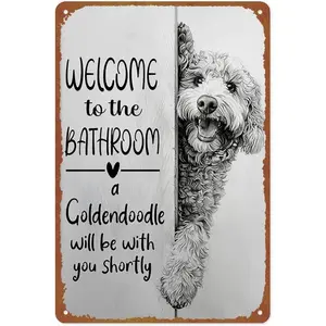 Funny Goldendoodle Dog Welcome To The Bathroom, Goldendoodle Poster, Wall Art Pets Toilet Decor, Dog Lovers Gifts Metal Sign Aluminum 8x12 Inch