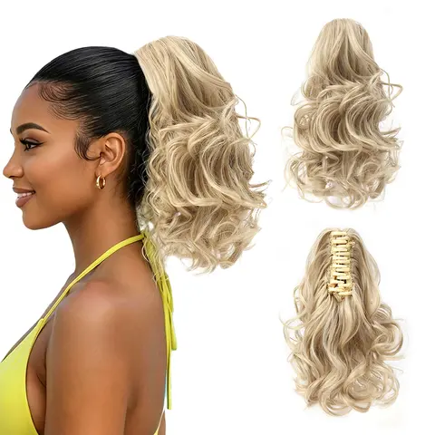 Women's Synthetic Soft Hairpieces - 10-in Curly Wavy Body Wave Drawstring Claw Hair Extension, Light Brown Mix Ash Highlights, Quick Curl Boost, Clip-In for Ponytail Hairstyles to Boost Self-Confidence