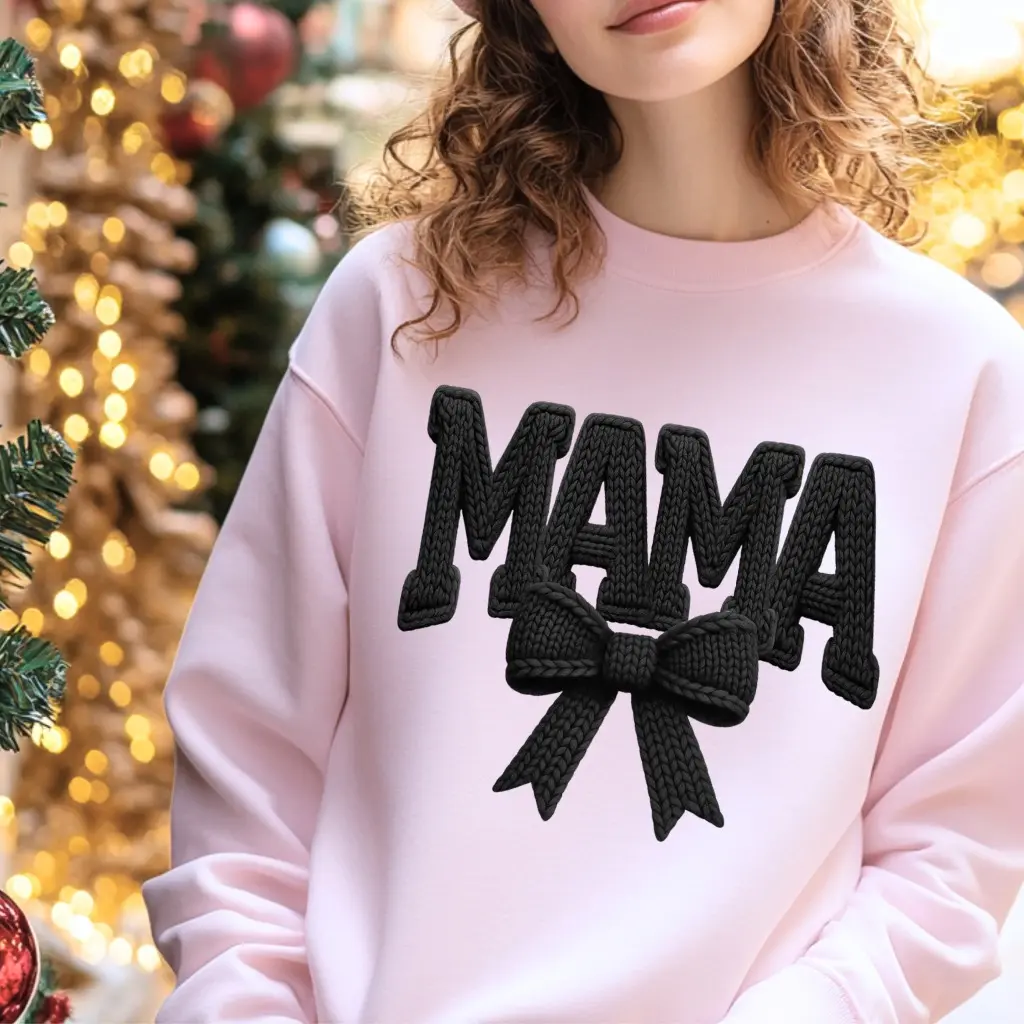 Mama Crochet Design Pressed on Gildan Crewneck Pink Sweatshirt with Black Bow Detail