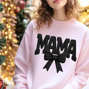 Mama Crochet Design Pressed on Gildan Crewneck Pink Sweatshirt with Black Bow Detail