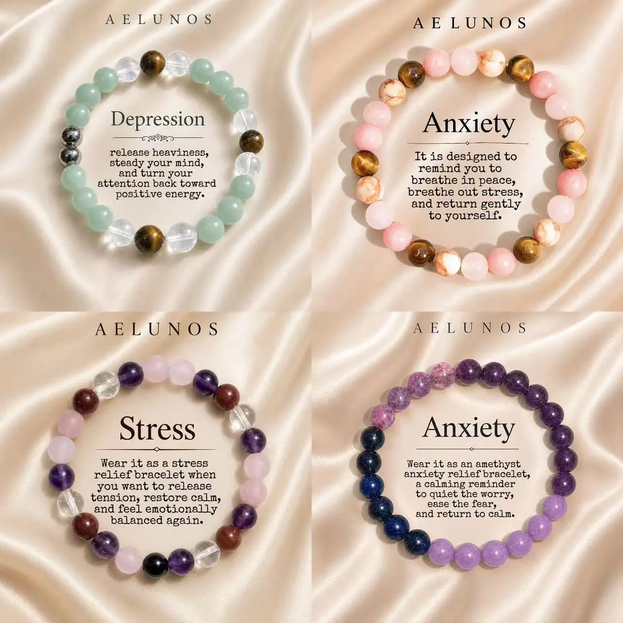 AELUNOS Stress Relief Crystal Beaded Bracelet Collection for Women, Healing Stone Gift for Her, Friends and Family, Amethyst, Rose Quartz, Tiger's Eye, Green Aventurine, Clear Quartz, Lapis Lazuli, Fluorite, Rhodonite and Hematite, Available in 4 Styles