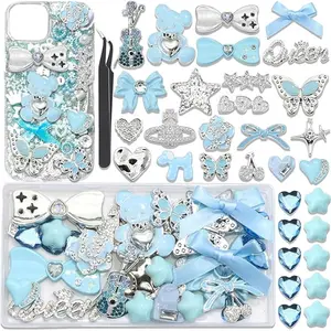 Blue Junk Case Charms Kawaii Bow Guitar Charms for Phone Cases Silver Butterfly Rhinestone Junk Case Kit 3D Resin Heart Star Flatback Pearls Customizing DIY Craft