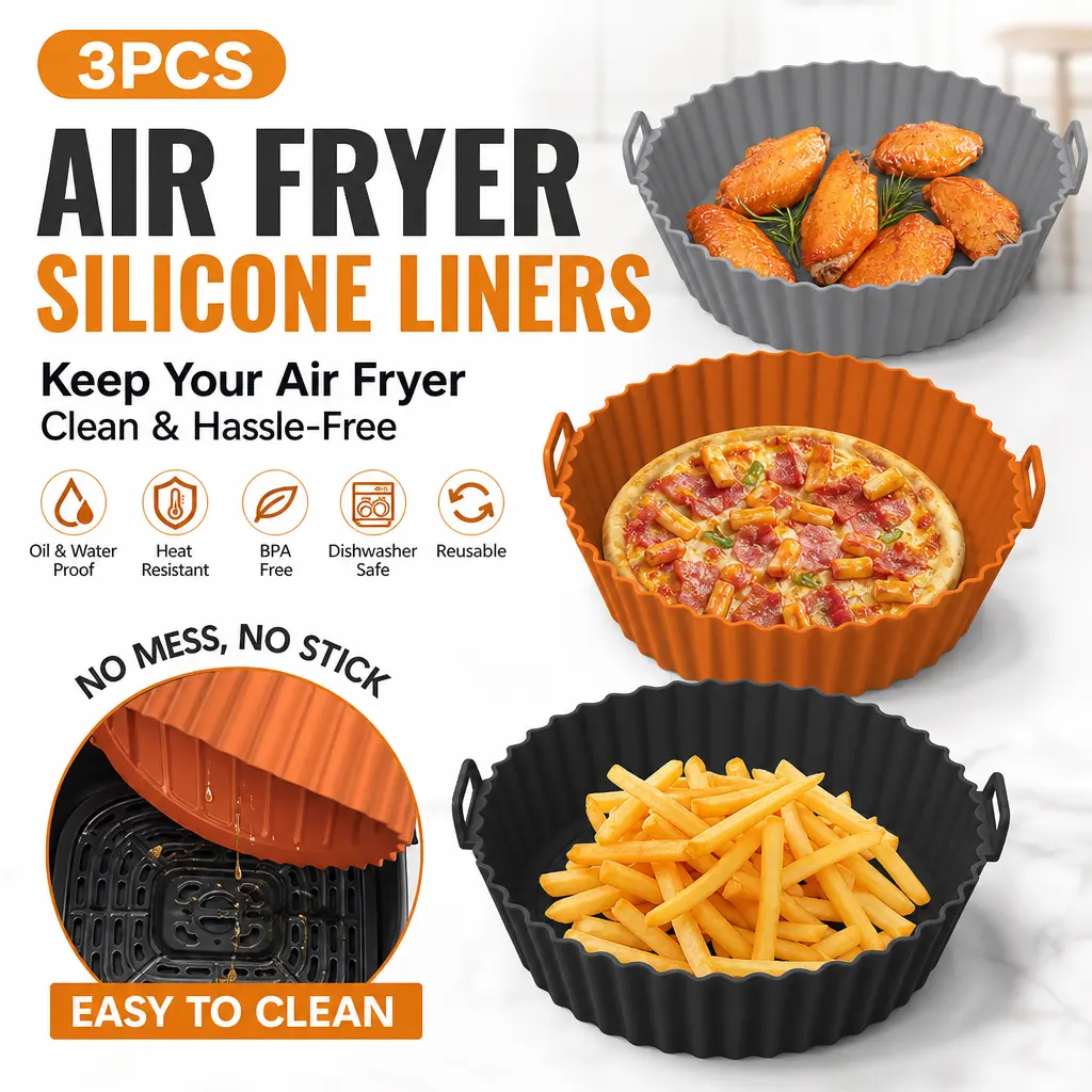 3 Pack 8" Reusable Food Grade Silicone Air Fryer Basket Liners - Flexible Bakeware with Handles, Non-Stick, Heat Resistant, Easy to Clean Alternative to Disposable Parchment Paper Liners for Baking, Roasting
