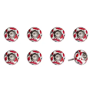 HomeRoots 544421 White & Red Ceramic & Metal Drawer Pull Knobs - Set of 8