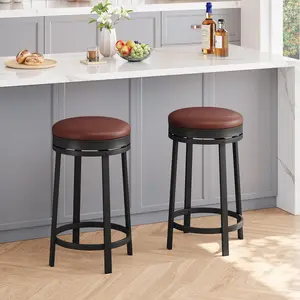 Swivel Bar Stool Set of 2 24.4 inch Counter Height Bar Stool with Upholstered PU Leather Cushion Round Backless Kitchen Barstool with Metal Frame for Kitchen Home Bar Brown