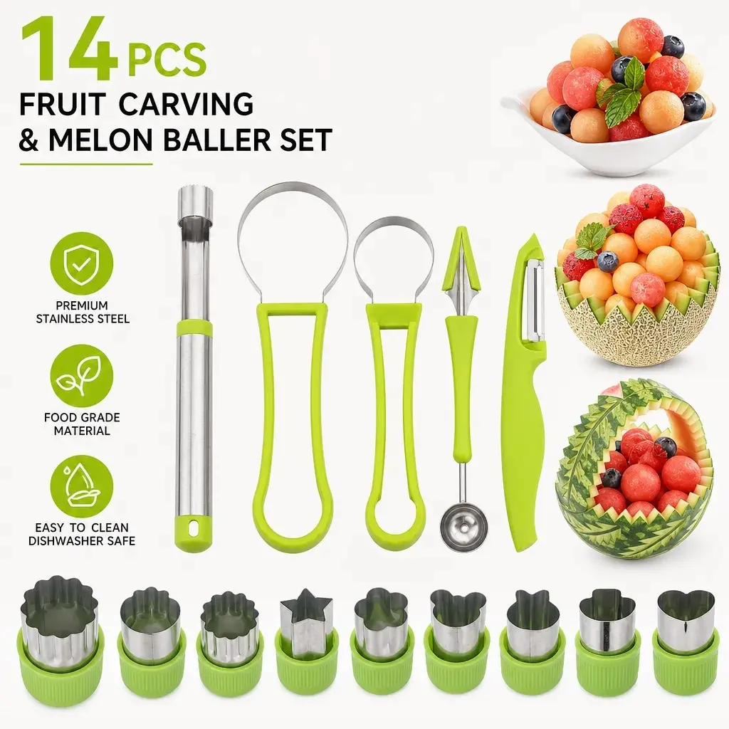 14 Pack Melon Baller Scoop Set – 4-in-1 Stainless Steel Fruit Tool, Includes Fruit Scooper, Seed Remover, Carving Shapes, Peeler, Pulp Separator – Perfect for Fruit Slicing & Vegetable Art