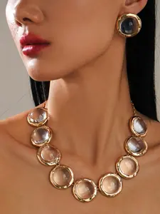 Women's Necklace Earring Set, Fashion Simple Elegant Style, Flat Golden Round Embedded Transparent Artificial Crystal Jewelry