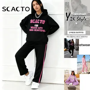 Scacto Women's 2-Piece Cotton Tracksuits - Oversized Acid Wash Fleece Hoodie with Kangaroo Pocket, Drawstring Long-Sleeve Pullover, Slogan Design, Loose Jogger Sets for Fashion Printed Logo Sweatshirt Set Women's Fashion Casual Printed Top Pants Set