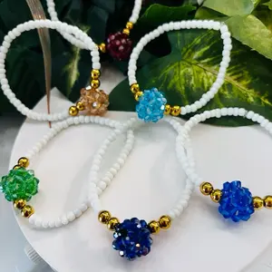 Colorful Beaded Bracelets with Crystal Ball Accents Handmade White & Gold Beads Vibrant Blue Green Red Peach Dark Blue Light Blue Design