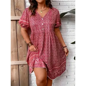 Plus Size - Plus Size - High-End Summer Plus-Size Women'S Dress with a Floral Print, Featuring Four-Way Stretch And Lantern Sleeves with a Half-Button Placket