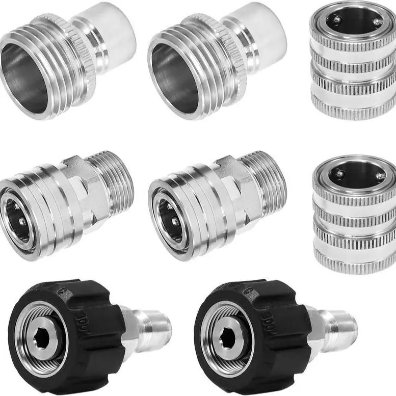 Summervibes POHIR 8-Pieces Stainless Steel Outdoor Pressure Washer Adapter Set, Leak-Proof Hose Adapters with Seal, M22 Metric Threads Swivel to 3/8 in Quick Connect, 3/4 in Quick Release for Garden Hoses