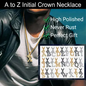 FaithHeart A-Z Crown Initial Necklace For Unisex Stainless Steel Pendant Necklace