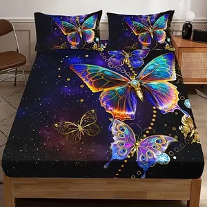 Magical Galaxy Butterfly Bedding Set for Girls, Fitted Sheet + Pillowcases, No Pillow Inserts, Bedroom, Dorm & Rental