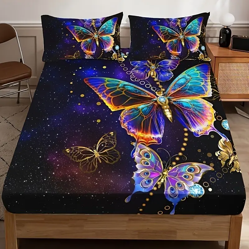 Magical Galaxy Butterfly Polyester Bedding Set for Girls, Fitted Sheet + Pillowcases, No Pillow Inserts, Bedroom, Dorm & Rental, Vibrant Festive Atmosphere, Bed Linens