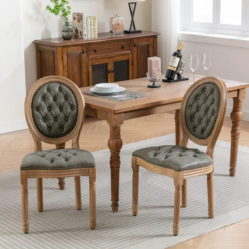 French Glam High-Back Dining Chairs (Set of 2, 23.4x19.3x37.4", Without Arms, Durable Ergonomic) - Solid Wood Frame, Hand-Pulled Buckle PU Leather, Nailhead Trim, Adjustable Legs, White Pine Green, Requires Assembly, Table Excluded