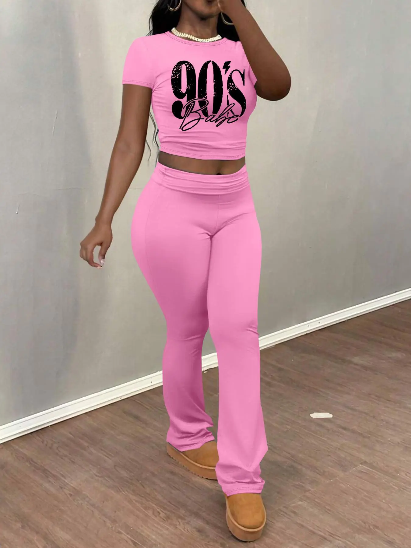 Women's Figrue Print   Top & Flare Leg Pants Two-piece Set, Casual Fashion Chic Cozy Round Neck Top & Bell Bottom Trousers for Daily Outdoor Wear, Ladies Clothes for Summer