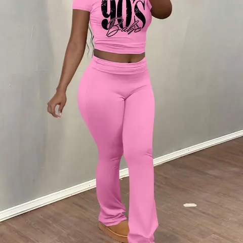 Women's Figrue Print   Top & Flare Leg Pants Two-piece Set, Casual Fashion Style Cozy Round Neck Top & Bell Bottom Trousers for Daily Outdoor Wear, Ladies Clothes for Summer