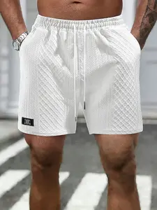 Men's Summer Casual Fashion Textured Drawstring Lightweight Breathable Shorts, Simple Patched Print Design, Perfect Gift for Outdoor Play Running Fitness