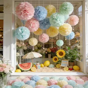 17pcs Pastel Tissue Paper Pom Poms, Hanging Flower Balls for Birthday, Wedding, Summer Party Decorations, Bridal Shower, Garden Party Backdrops