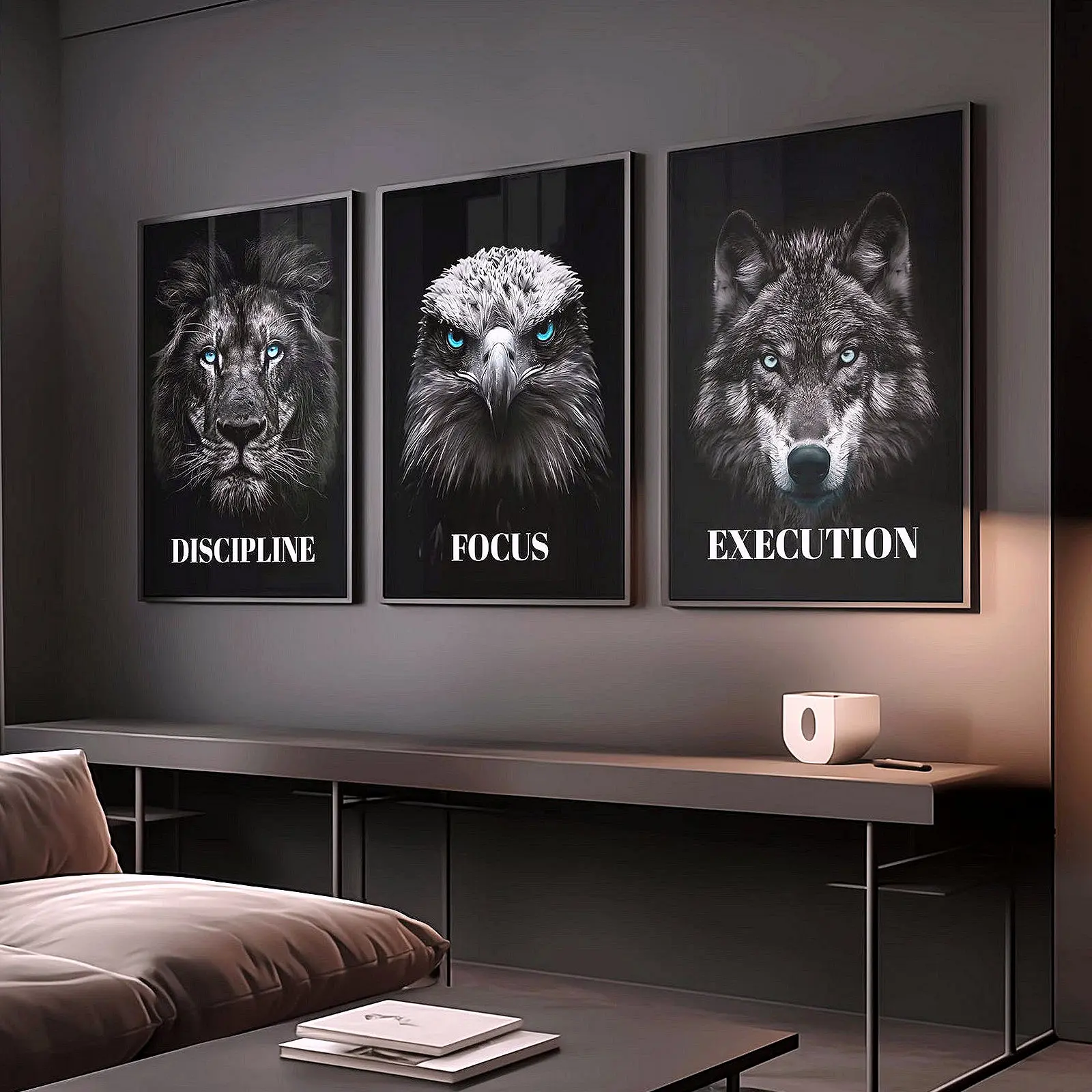 Set Of 3 Lion Eagle Wolf Motivational Posters Discipline Focus Execution HD Print Unframed Wildlife Wall Art Aesthetic Room Home House Modern Decor Trendy Gift