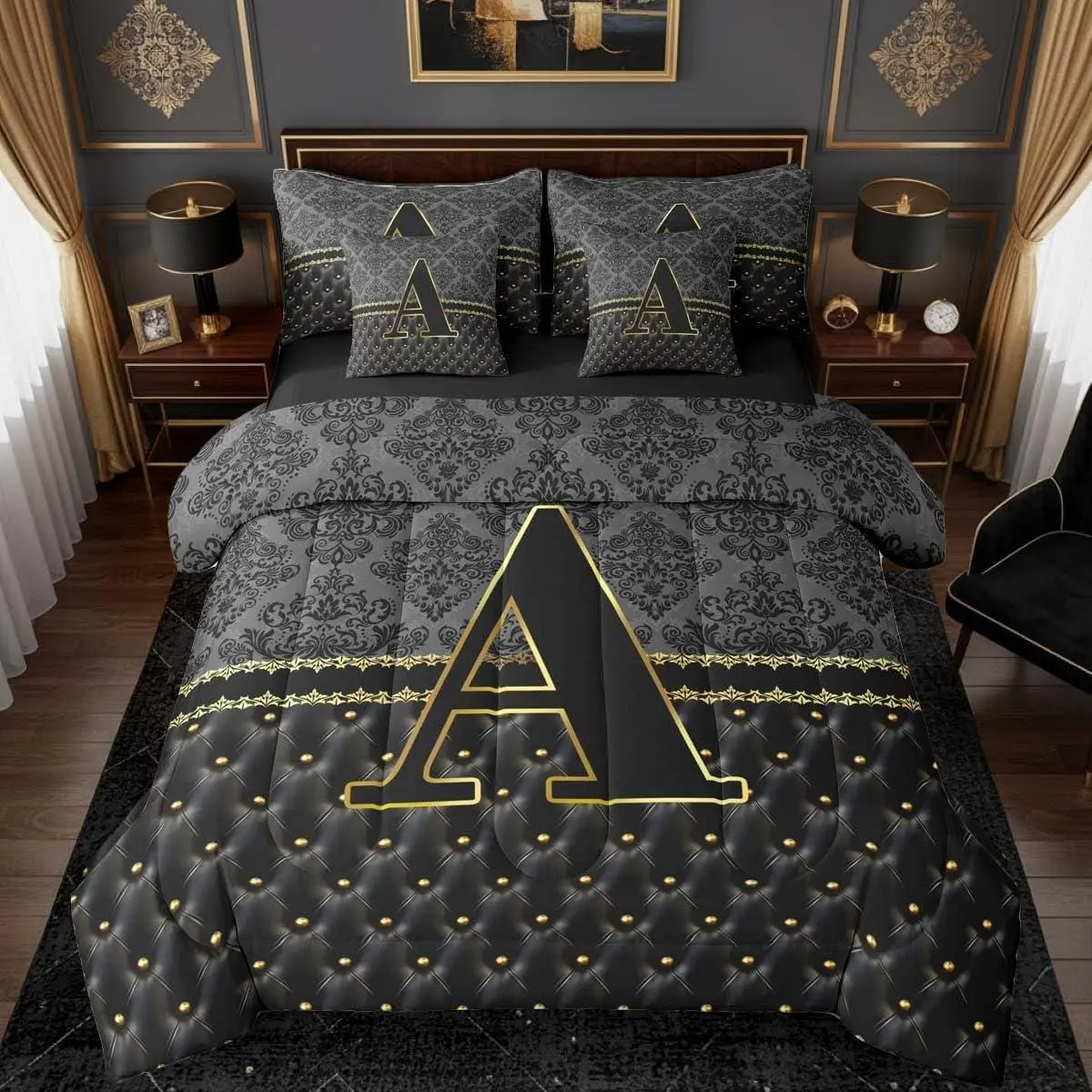 Black and Yellow Damask Comforter Set Personalized Initial Letter A 7 Pcs Bedding and Adults Floral Glitter Bed Sheet Sets with Fitted Sheet Pillowcases Bedroom in a Bag