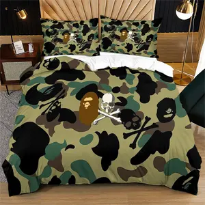 2/3 Piece BAPE Ape Head Duvet Cover Set,Fashionable Camouflage Print,Soft,Comfortable and Durable Bedroom Decoration Bedding Set,Gift for Teenagers and Adults,Including 1 Duvet Cover and 1 or 2 Pillowcases without a Core and Pillow,Bed Sets Supplies