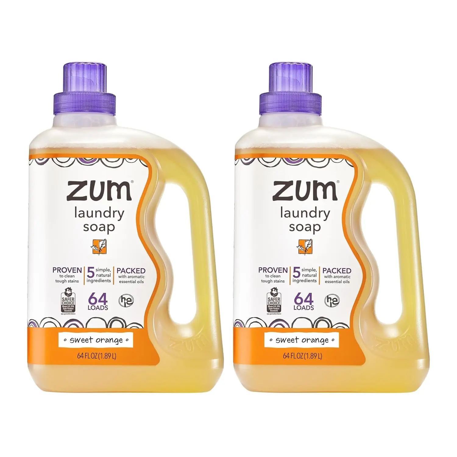 Zum Laundry Soap by  - Liquid, -Based Soap with Baking Soda, Essential Oils, Coconut Oil & More - Wash Up to 64 Loads - Sweet Orange - 64 fl oz (2 Pack)