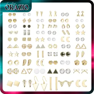 ORAZIO 60 Pairs Gold Stud Earrings Set for Women Multipack Trendy Hypoallergenic Cubic Zirconia Multiple Piercings Earrings Packs Gold Earrings for Women Jewelry Gift