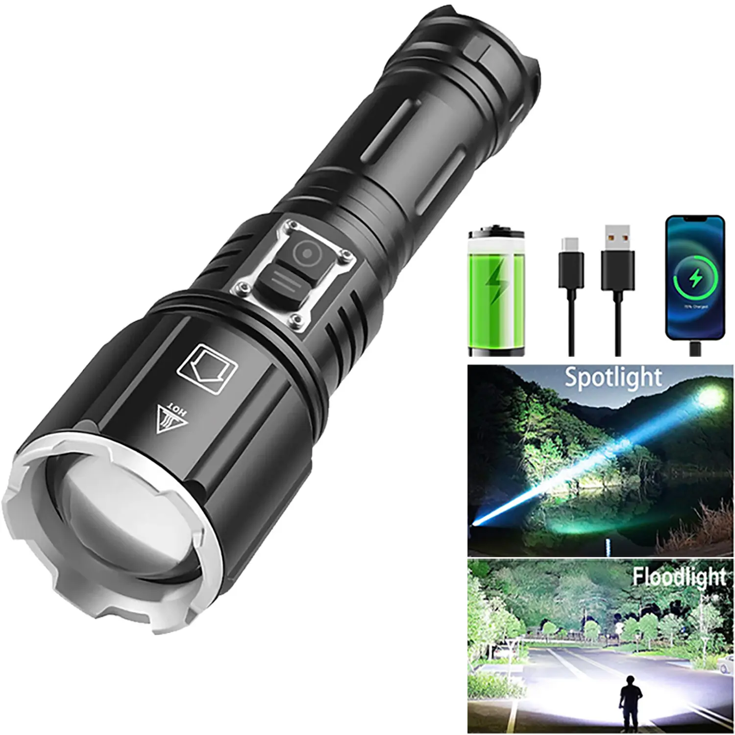 Rechargeable 5000mAh Flashlights, Super Bright 10000 Lumens Waterproof Flashlight, 6 Modes Zoomable Linternas with Power Indicator, Powerful Handheld LED Flashlights for Home Emergencies Camping, with Emergency Charging for Your Phone