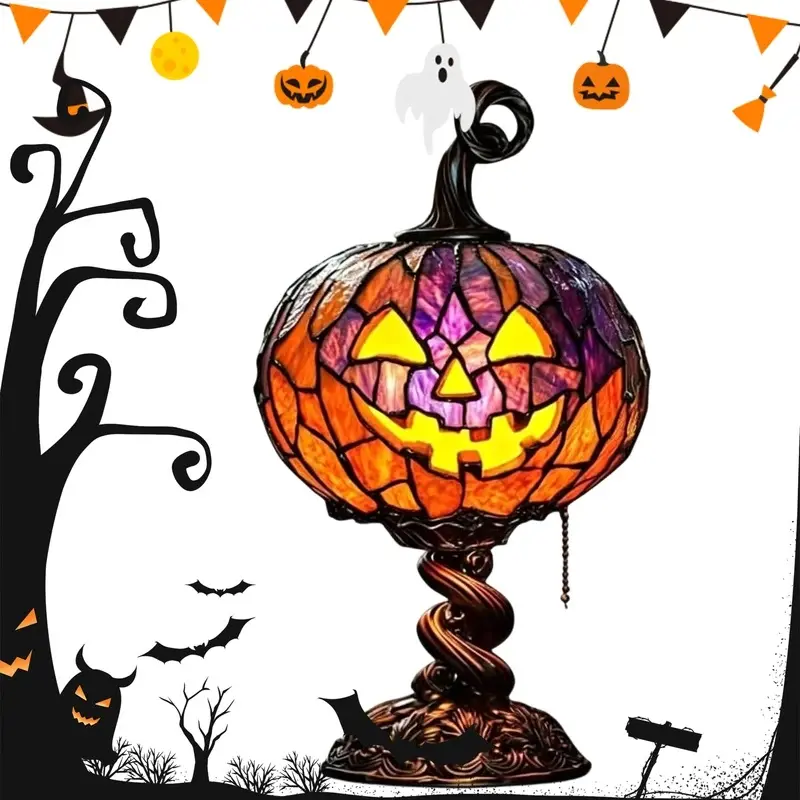 Carved Pumpkin-Shaped Halloween Night Light - Made of thick resin, anti-fade colored glass, vintage-style table lamp, suitable for home and bedroom decoration., 8.7 X 5.5", Pumpkin Shape