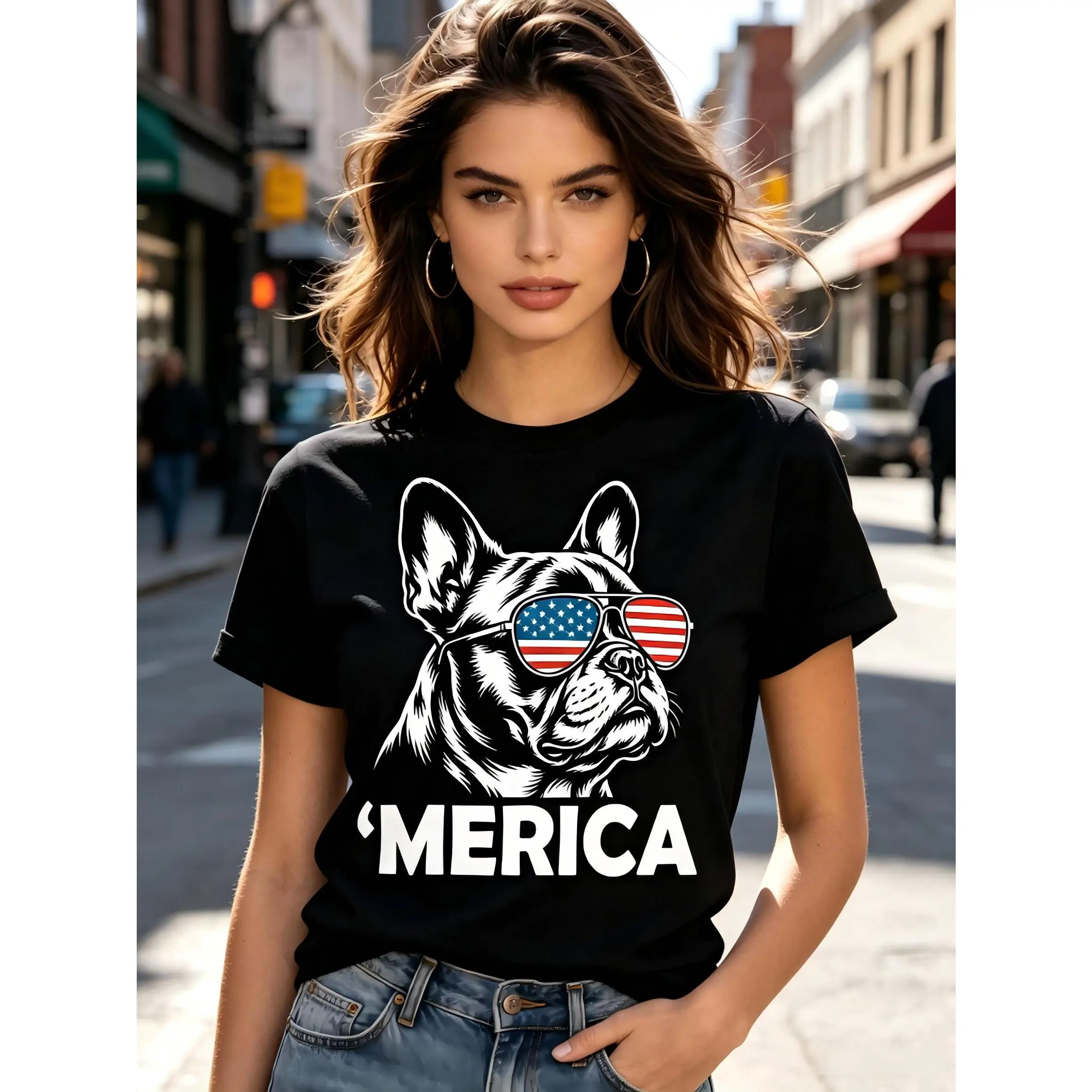 Women's 'MERICA French Bulldog Flag T-Shirt - Patriotic 4th of July Pure Cotton Casual Crew Neck Short-Sleeve Beach Top, Frenchie Pride Tee, European Sizes Essential Fashion Apparel, Tshirt