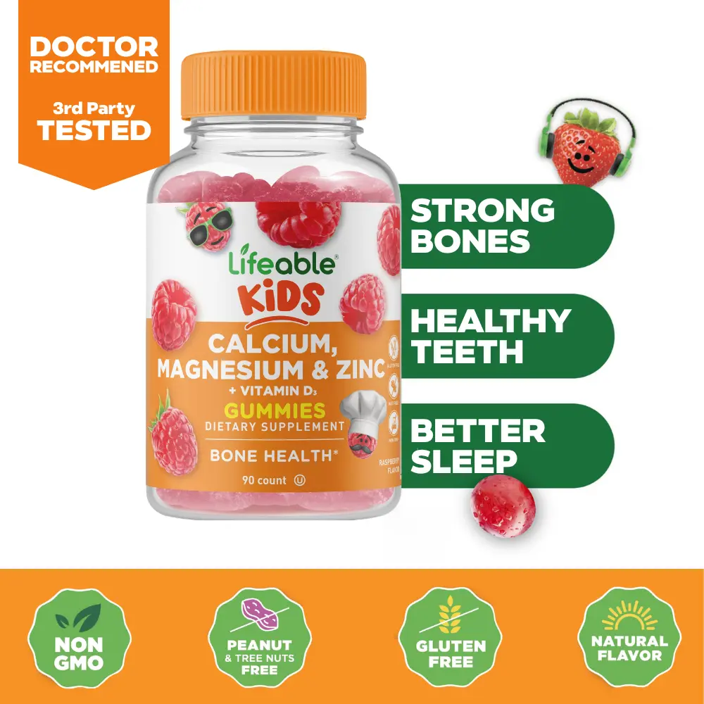 Lifeable Kids Calcium Magnesium Zinc Gummies with Vitamin D3 for Strong Bones & Teeth, Raspberry, 90 Count (45-Day Supply)