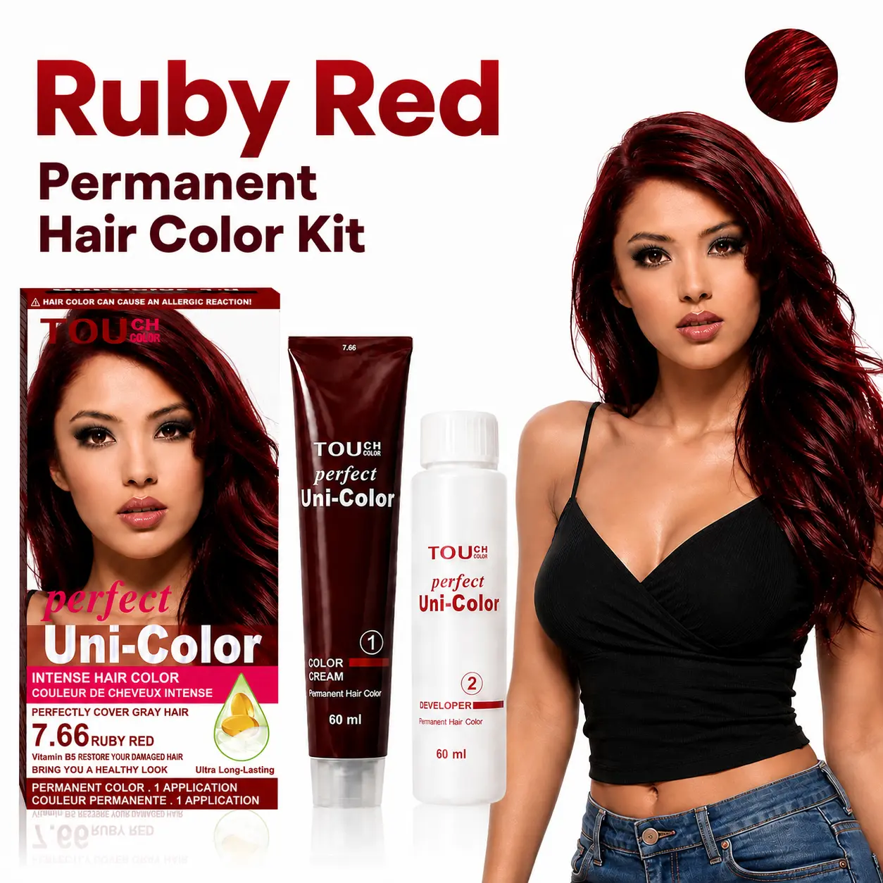 SOFTSUB 7.66 Ruby Red Permanent Cream Hair Dye Kit, 120ml with B5 & Glycerin, Vivid Camera-Ready Color, At-Home DIY for All Hair Types, Beauty Gift for Festivals, Gray Coverage, Root Touch-Up & Faded Color Refresh