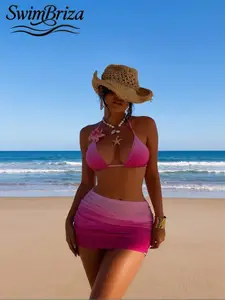 Briza｜Pink Ombre Mesh Halter Triangle Bikini With 3D Flower Blends Bathing Suit Fancy Triangle Biknis Style As A Two-Piece Swimsuit In Bikini Sets With Swimsuit Cover Up For Women, Vacation Swimwear For Women For Spring Bikini Outfits