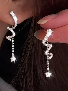1 pair of elegant 925 sterling silver super shiny zircon geometric spiral twisted star tassel pendant earrings, multifunctional fashionable women's hanging earrings, suitable for gatherings and daily wear, four season jewelry women's earrings, women's fas