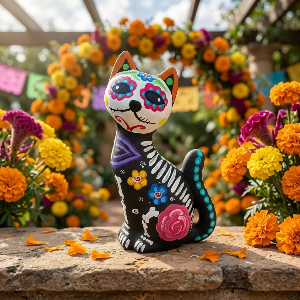 Traditional Mexican Folk Art Hand-Painted Alebrije Clay Skeleton Cat Figurine - Floral Flower-Accented Home Decor Altar Ornament, Unique Varied Room Decor Gift for Home Supplies, Day Of The Dead