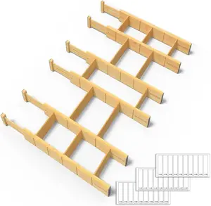 Bamboo Drawer Dividers with Inserts and Labels, Adjustable Expandable Drawer Organizers for Home, Kitchen, Office, Dressers and Bathroom, 6 Dividers with 12 Inserts (17-22 in)