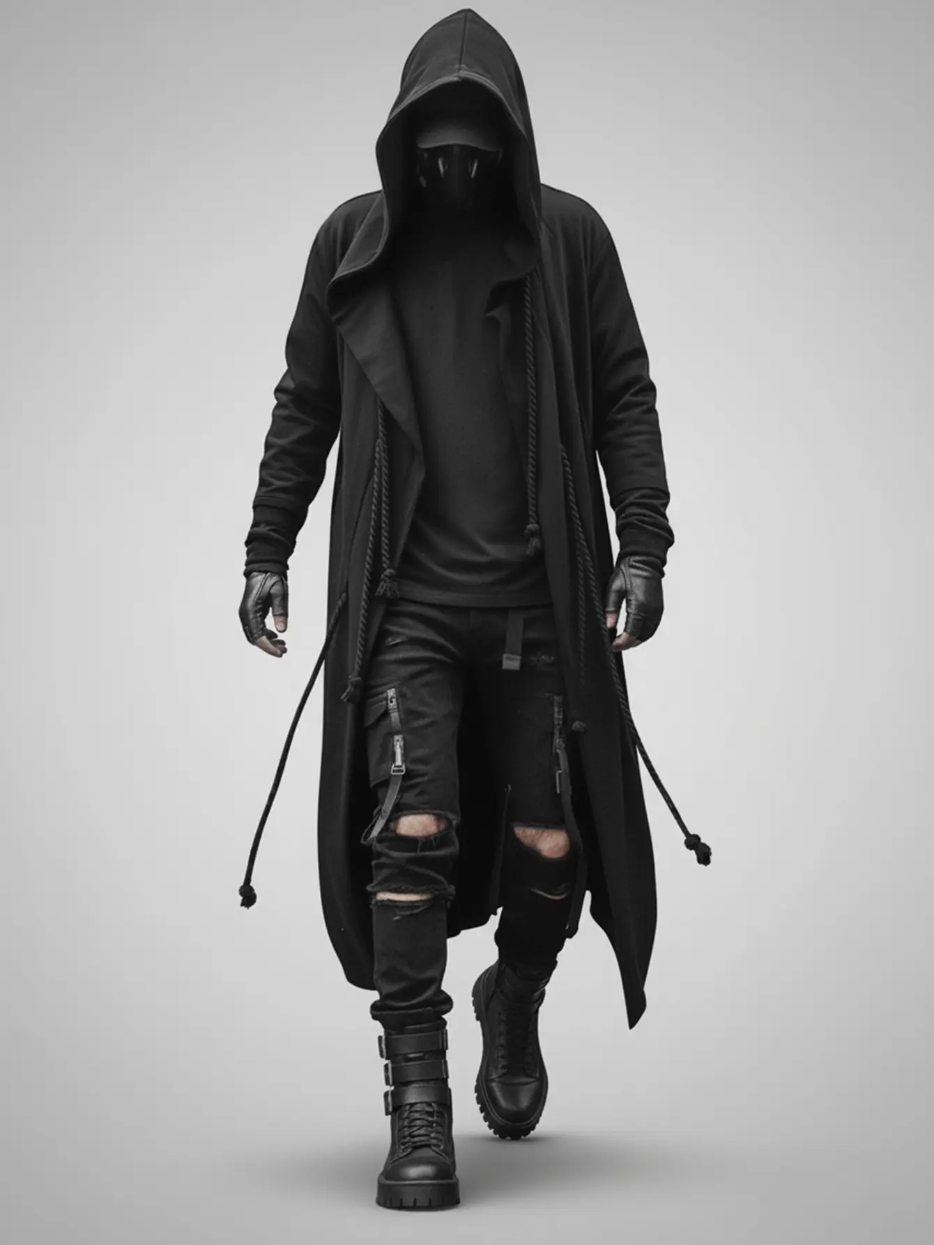 Men's Hooded Streetwear Jacket, Black Tactical Punk Cloak, Loose Casual Long Cardigan Cosplay Menswear Men's Hooded Streetwear Jacket, Black Tactical Punk Cloak, Loose Casual Long Cardigan Cosplay Menswear