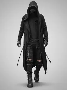 Men's Hooded Streetwear Jacket, Black Tactical Punk Cloak, Loose Casual Long Cardigan Cosplay Menswear