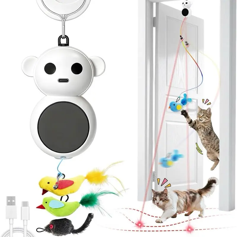 Interactive Cat Toy: 2-in-1 USB Rechargeable Doorway and CeilingHanging Toy with Laser Pointer, Automatic Flying Bird & Adjustable Speed Mouse Wand, Enhances Cognitive Skills, Boosts Entertainment, Promotes Physical Fitness, Reduces Stress for Indoor Cats