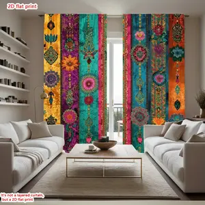 2D Flat 2Pcs Bohemian Mandala Printed Window Curtains for Bedroom Living Room, Vibrant Colorful Striped Privacy Drapes, Decorative Semi Sheer Panels Home Decor, Interior Decoration Accessories